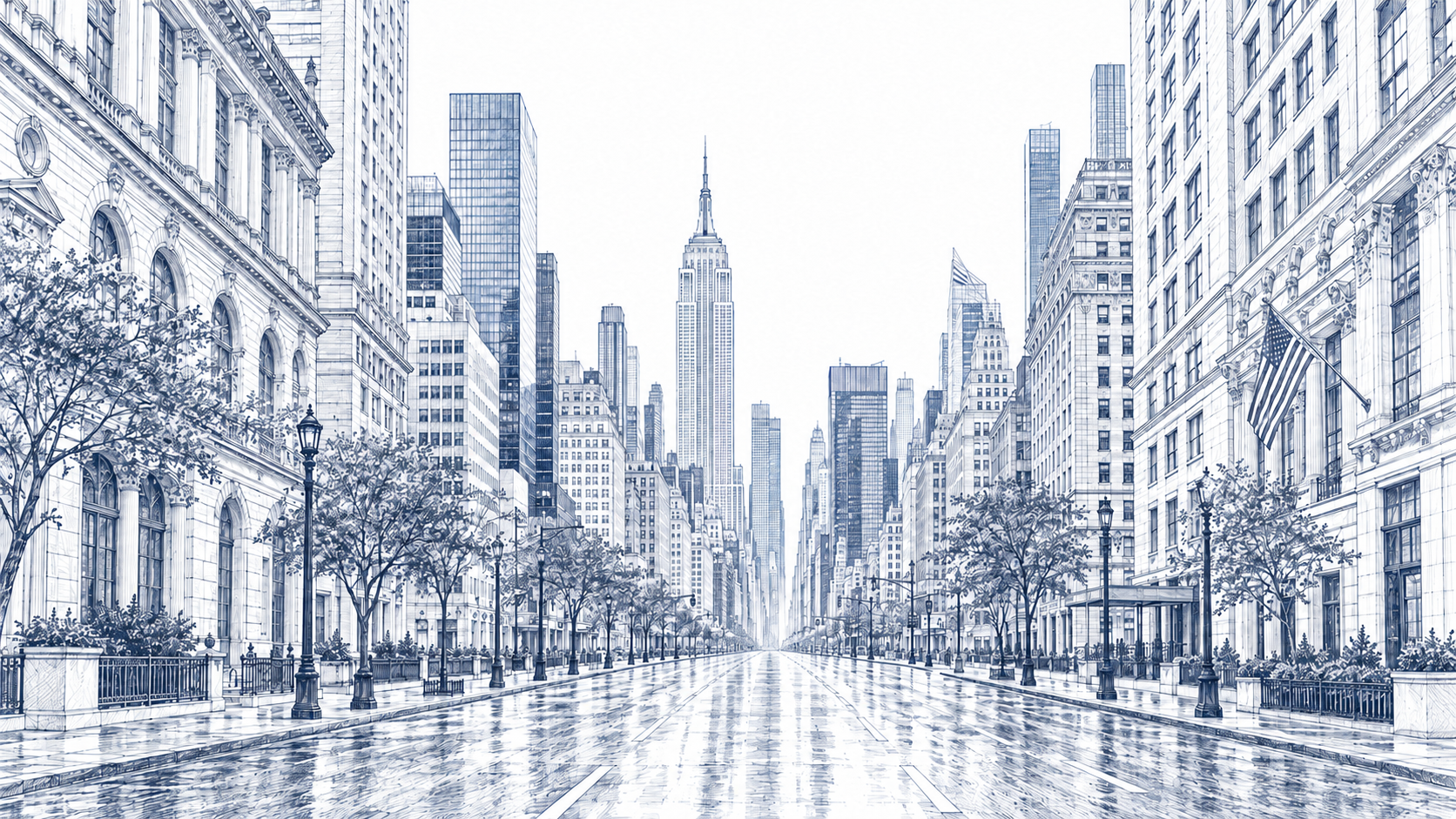 A white taxi on an avenue of Manhattan buildings drawn in fine blue ink